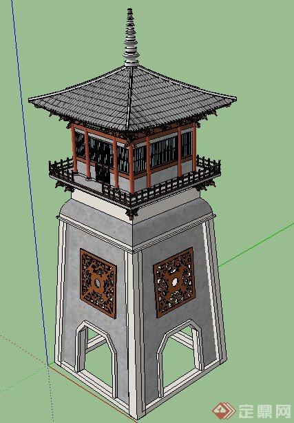 中式了望塔塔楼设计su模型[原创]