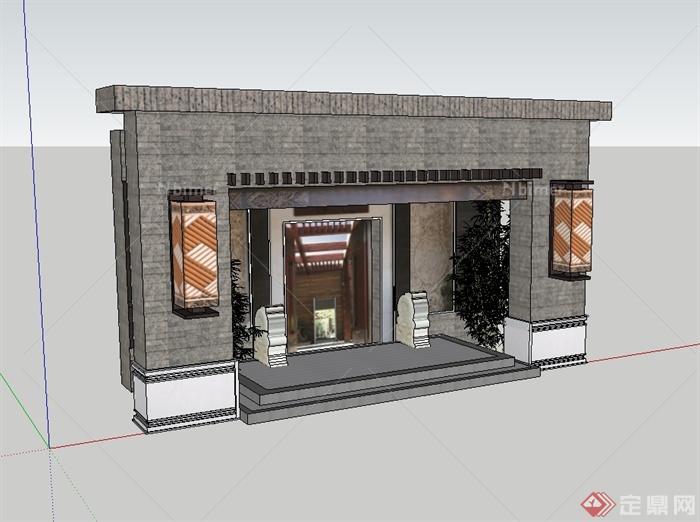 中国现代中式风格建筑门廊设计su模型原创