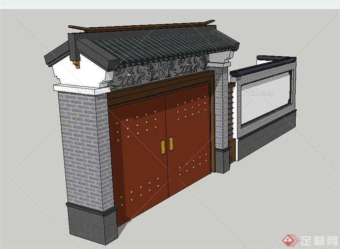 古典中式建筑节点大门围墙设计su模型