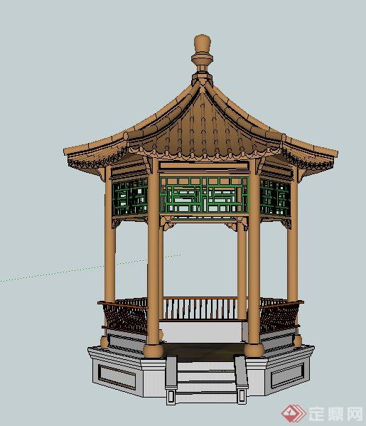 古典中式六角亭设计su模型(含座椅)