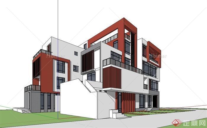 某现代风格多层住宅别墅建筑楼设计su模型(含cad施工图,psd效果图)