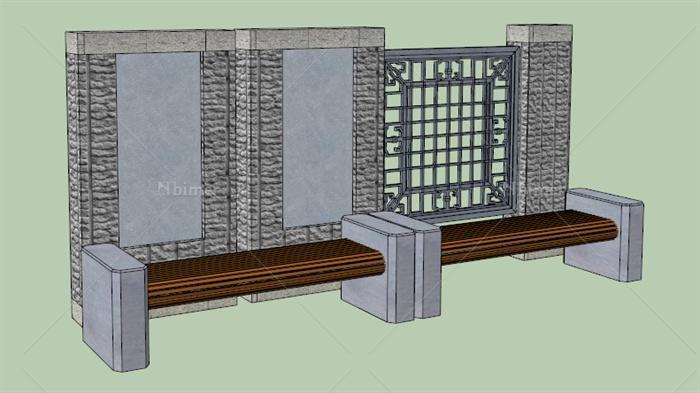 现代中式风格景墙坐凳设计su模型[原创]