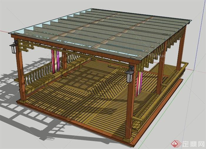 新中式玻璃木制凉亭su模型