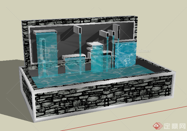 某现代方形水池喷泉跌水设计su模型素材