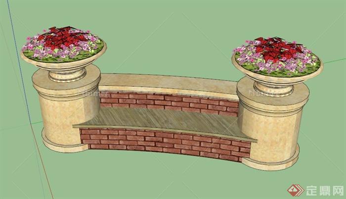 花钵柱矮墙坐凳设计su模型