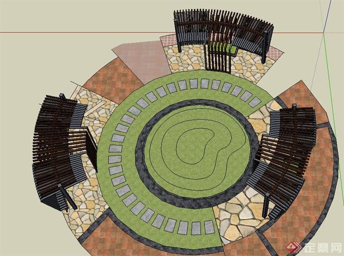 圆形地面铺装与三个弧形廊架设计su模型