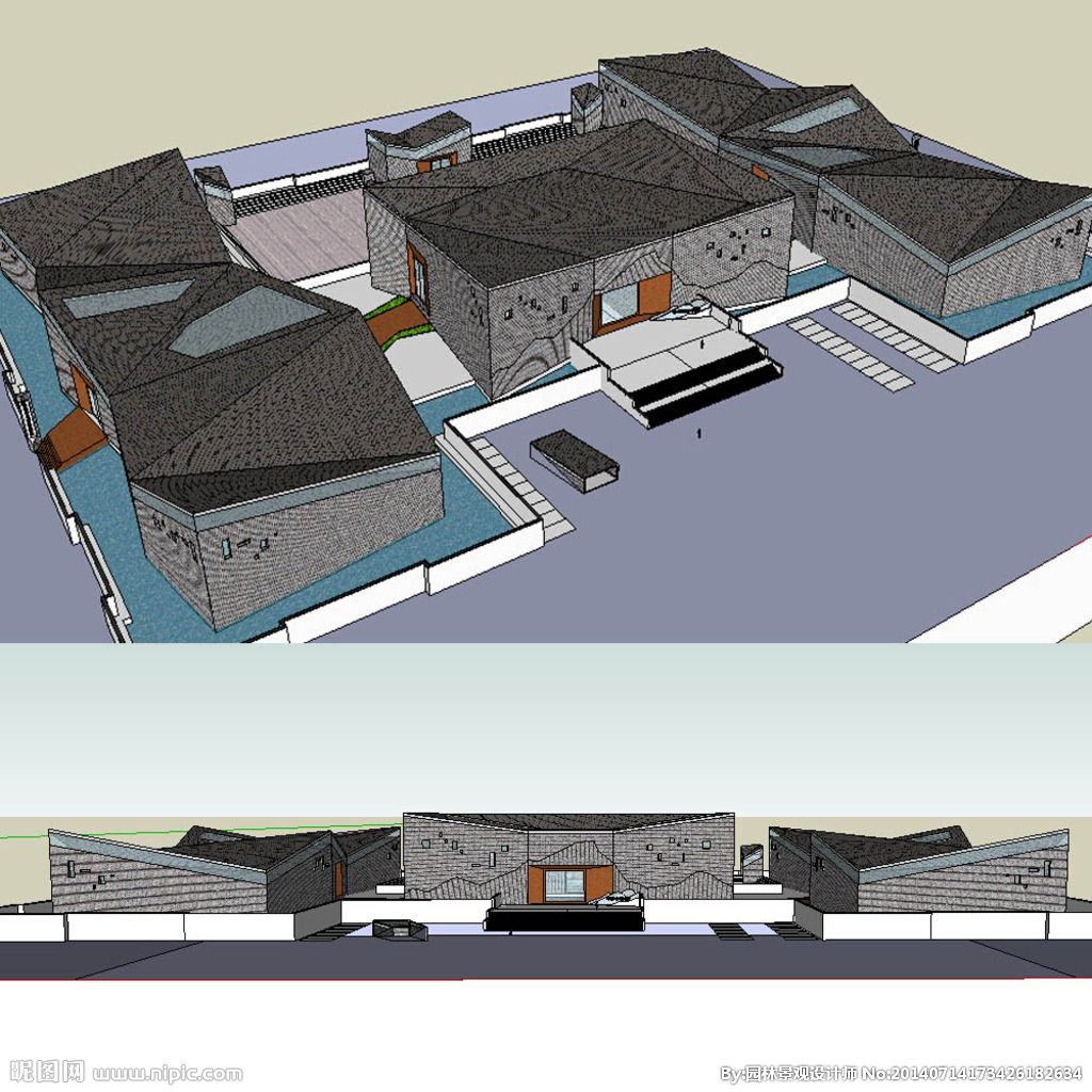 中式博物馆建筑su模型图片