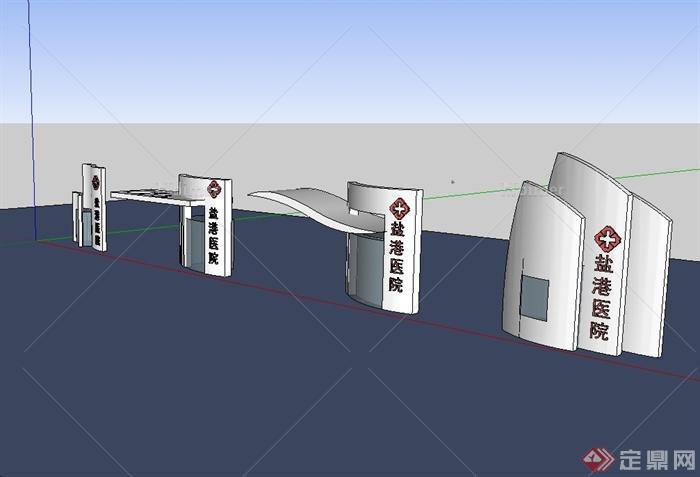现代风格四种不同的医院大门设计su模型[原创]