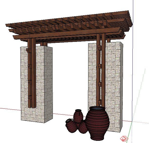 现代中式庭院木框架大门su模型