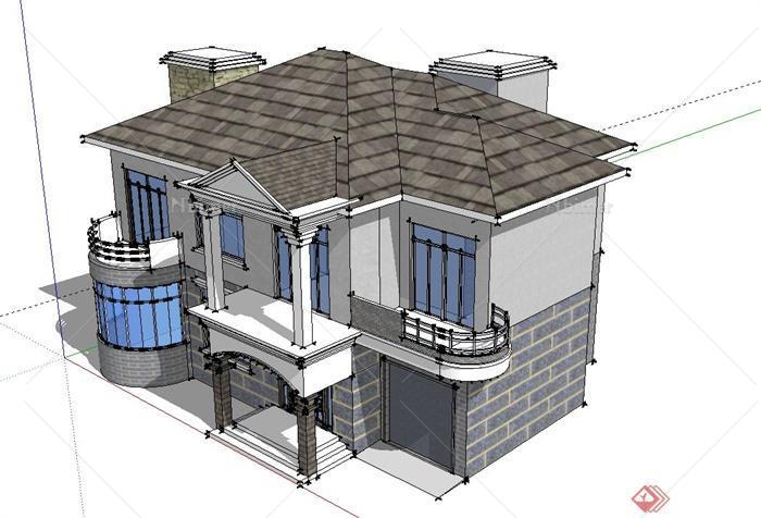 现代某两层坡屋面别墅建筑设计su模型