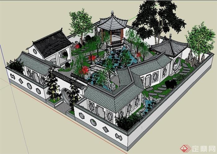 中式小型古典园林庭院规划su模型