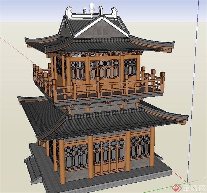 某古典中式两层阁楼建筑设计su模型