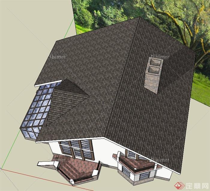 某单层坡屋顶住宅建筑设计su模型[原创]