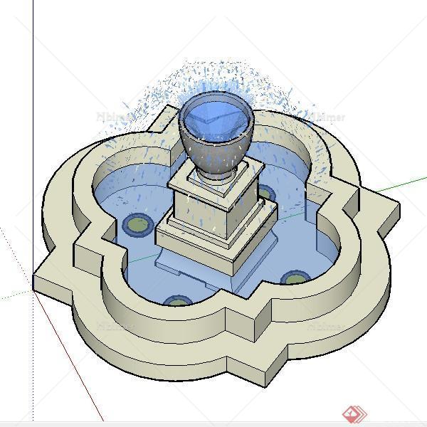 某欧式圆形喷泉水景水池设计su模型素材