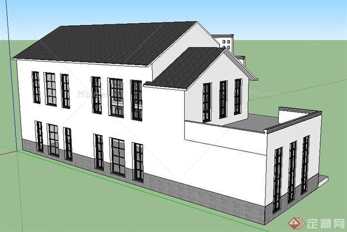 徽派新中式二层办公楼建筑设计su模型