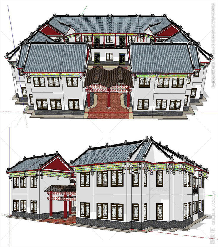 川西民居风格游客中心建筑模型图片