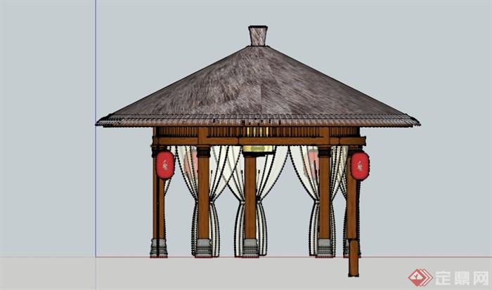 现代中式圆形茅草亭设计su模型