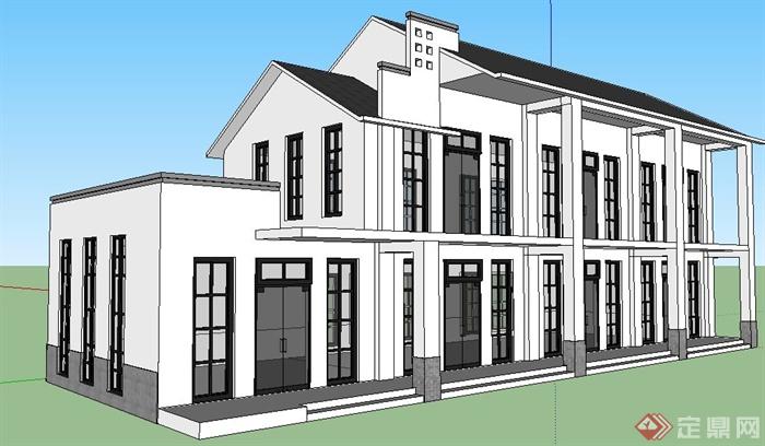 徽派新中式二层办公楼建筑设计su模型