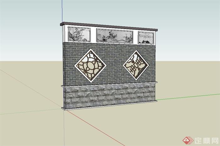 现代中式风格墙体,照壁景墙设计su模型[原创]