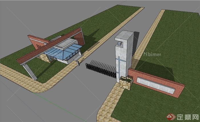 现代风格工业园区门卫室及入口大门设计su模型[原