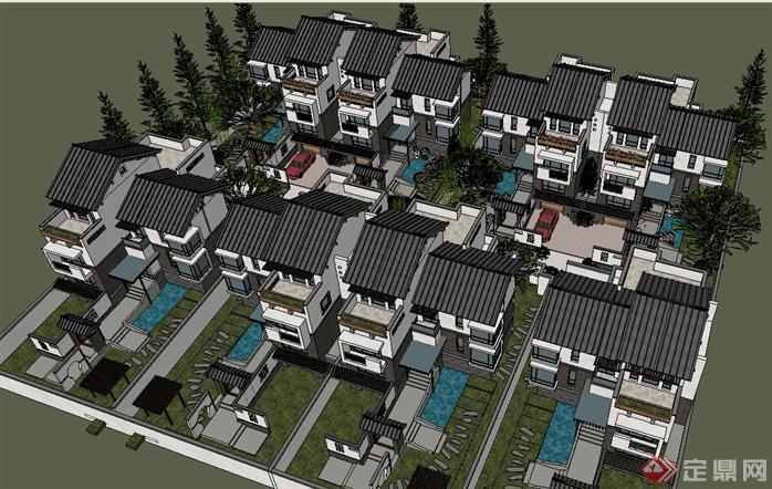中式别墅四合院建筑su精致设计模型