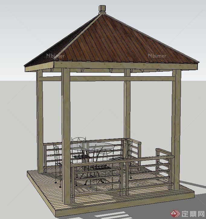 园林景观节点木质四角景观亭设计su模型