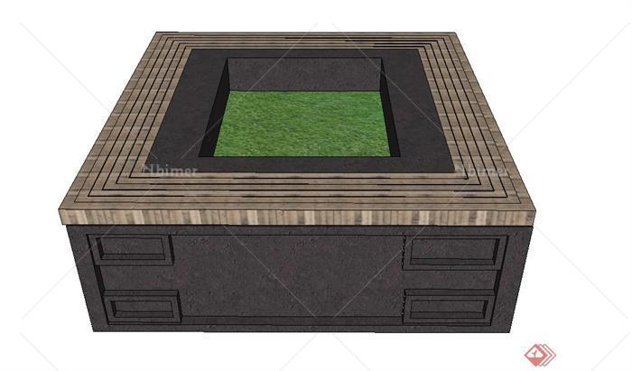 中式正方形防腐木树池设计su模型