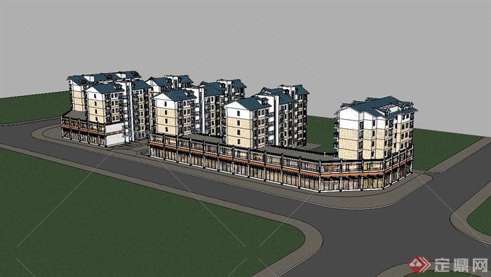 一个坡屋顶商业住宅小区房建筑su模型
