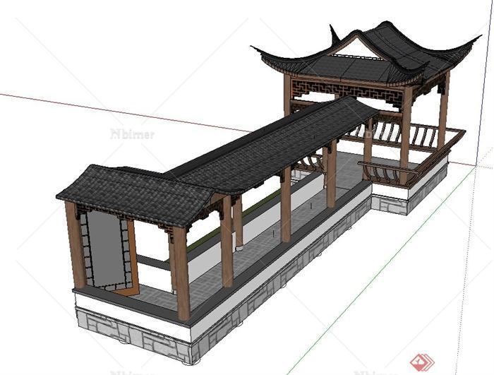 古典中式景观长廊与亭子设计su模型