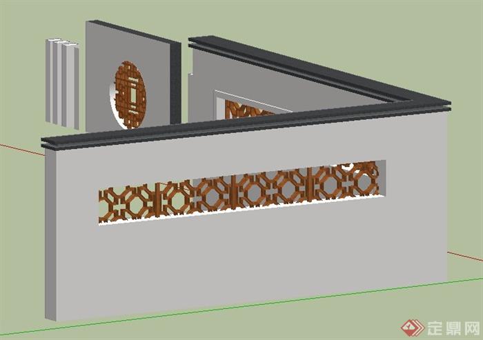 现代中式镂空围墙及景墙su模型