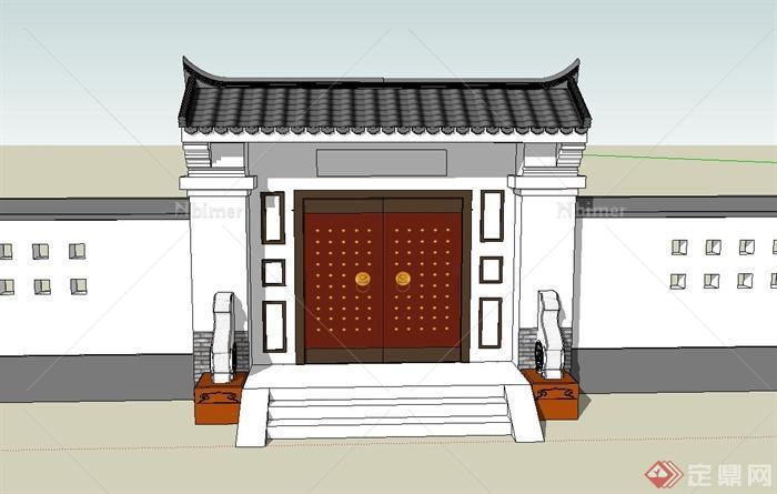 古典中式入口庭院大门围墙设计su模型原创
