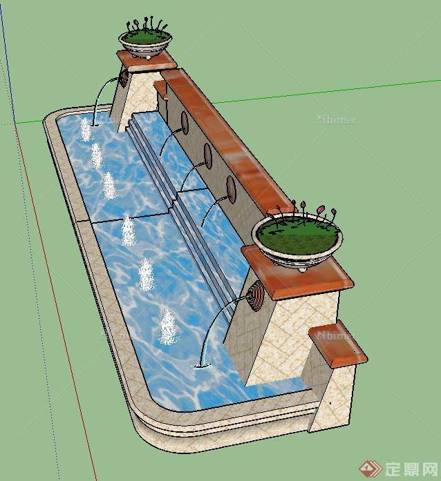 园林景观喷泉水景墙设计su模型