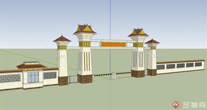 古典中式小区出入口大门设计su模型原创