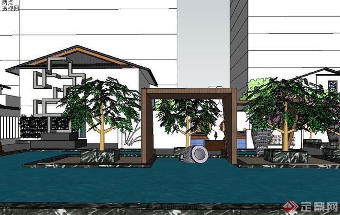 一个新中式屋顶花园su精致设计模型[原创]
