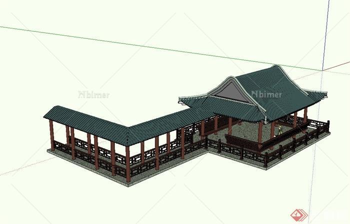 某古典中式风格水榭长廊亭组合设计su模型[原创]