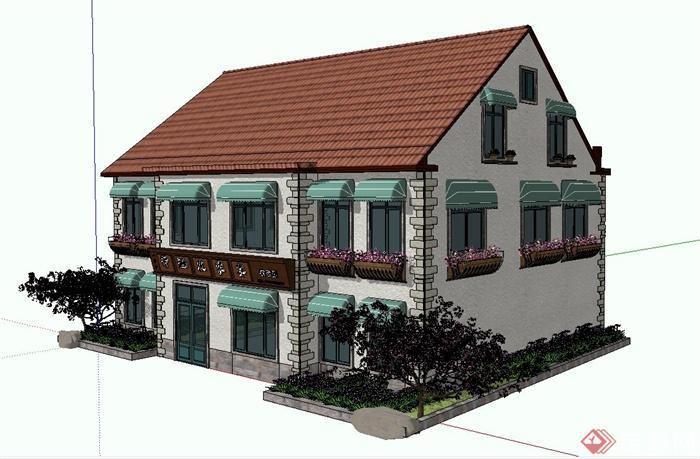 二层坡屋顶农家宴饭店建筑设计su模型