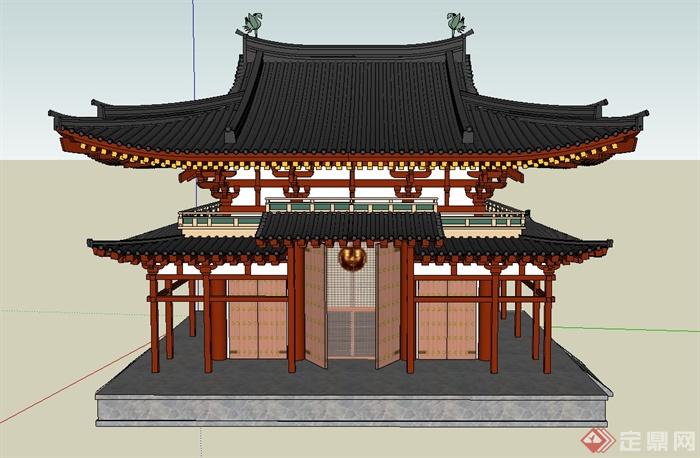 古典中式单层双檐寺庙建筑设计su模型