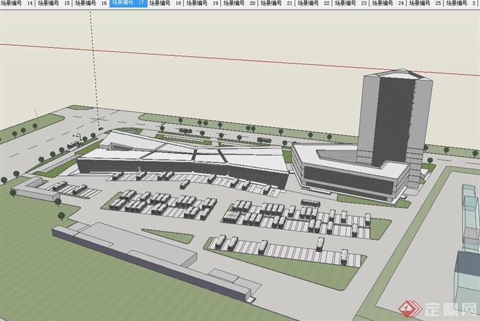 某现代风格汽车站建筑及办公楼设计su模型[原创]
