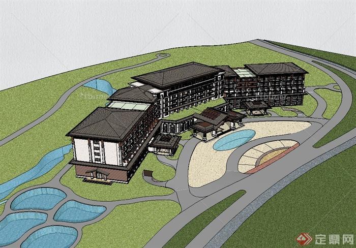 现代中式酒店多层建筑设计su模型