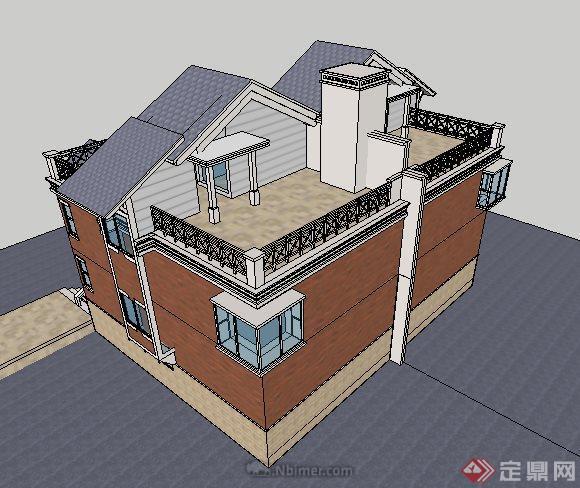 现代坡屋顶双拼别墅建筑设计su模型[原创]