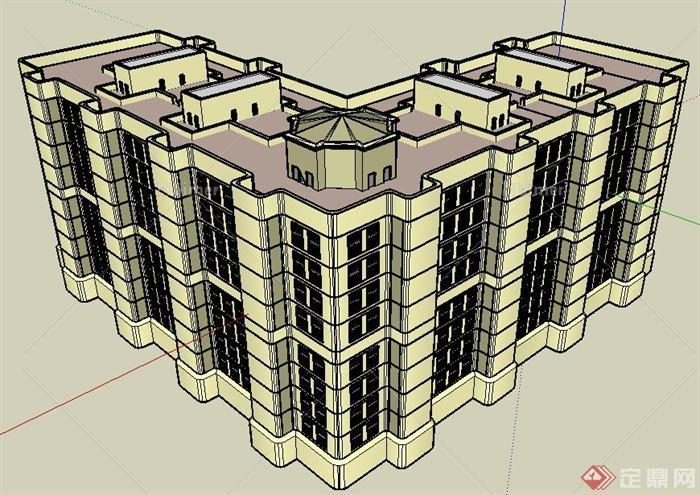 现代l形办公楼建筑设计su模型