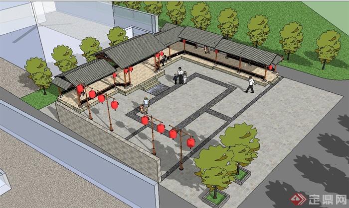 现代中式乡村风格连廊小广场设计su模型[原创]