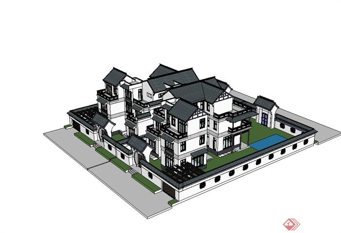 徽派丶新中式风格双拼别墅建筑楼设计su模型[原创]