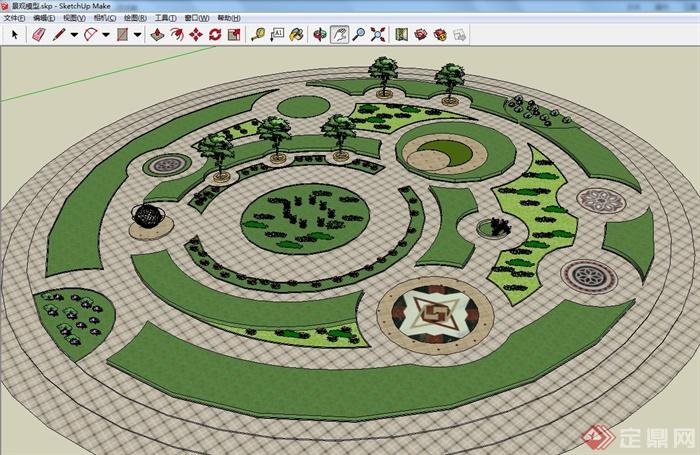 某圆形花园景观设计su模型附cad平面图原创