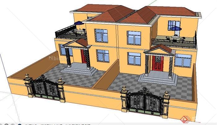 现代双拼民房别墅建筑设计su模型