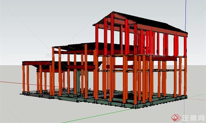 古典中式风格古建筑骨架设计su模型