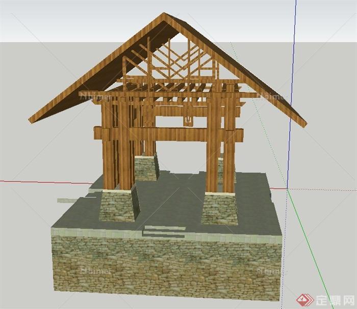 园林景观坡屋顶凉亭设计su模型