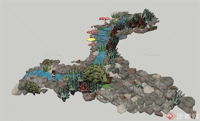 山间溪流叠水景石景观su模型