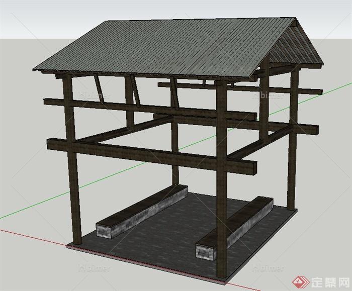 园林景观节点中式坡屋顶凉亭设计su模型
