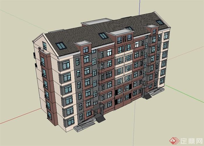 现代坡屋顶多层住宅楼建筑设计模型[原创]